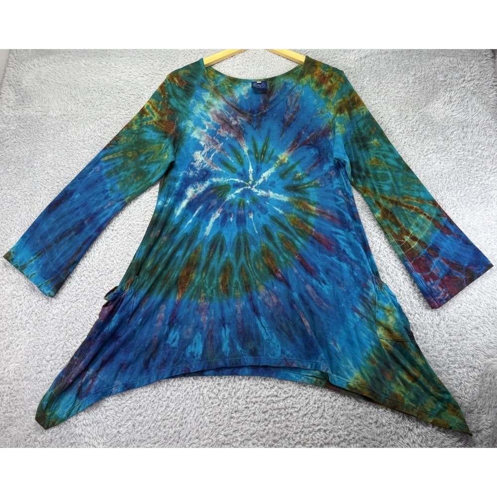 Womens Tie Dye Print Asymmetrical Tunic Top Long Line Pockets V Neck - Picture 5 of 10